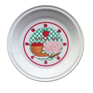 VTG Apple Pie Recipe Dish Ceramic Deep Dish Baker White Red Green Cottage Decor